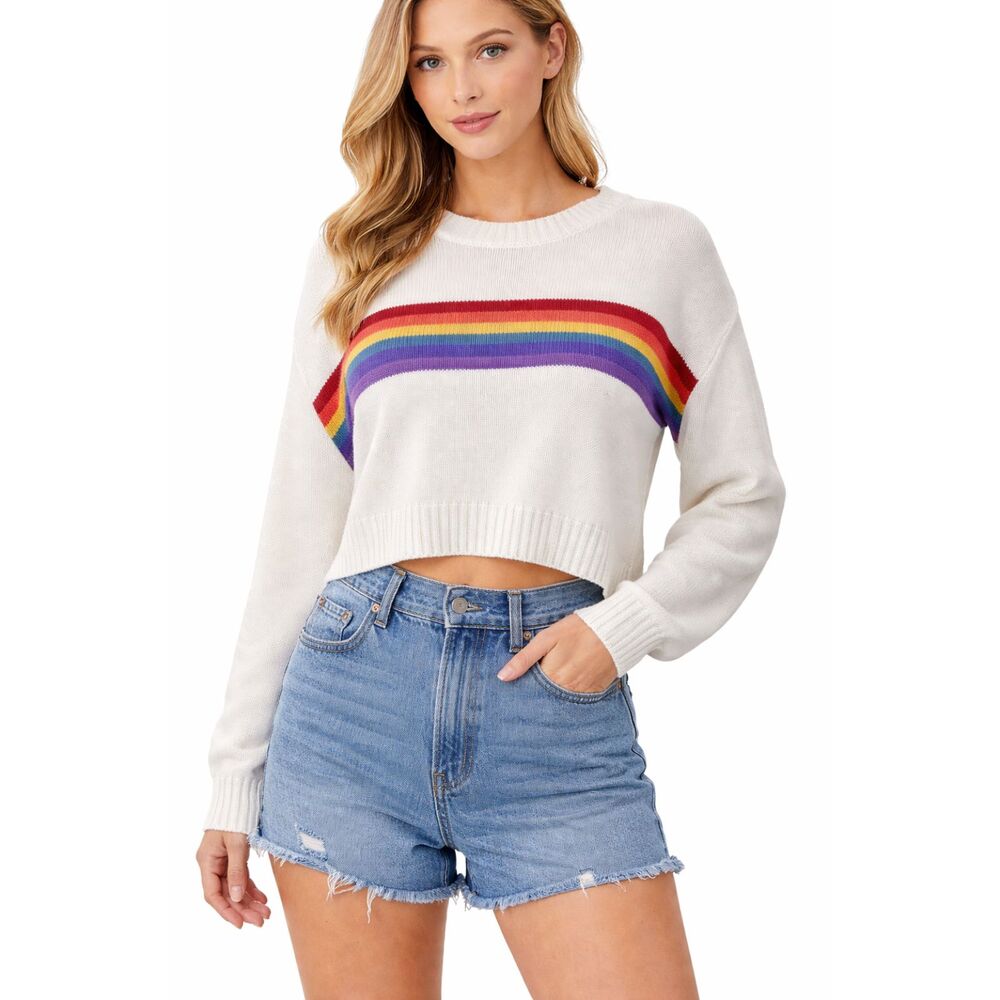 Forever 21 White Rainbow Stripe Sweater M | Cropped Knit Pullover Sweater